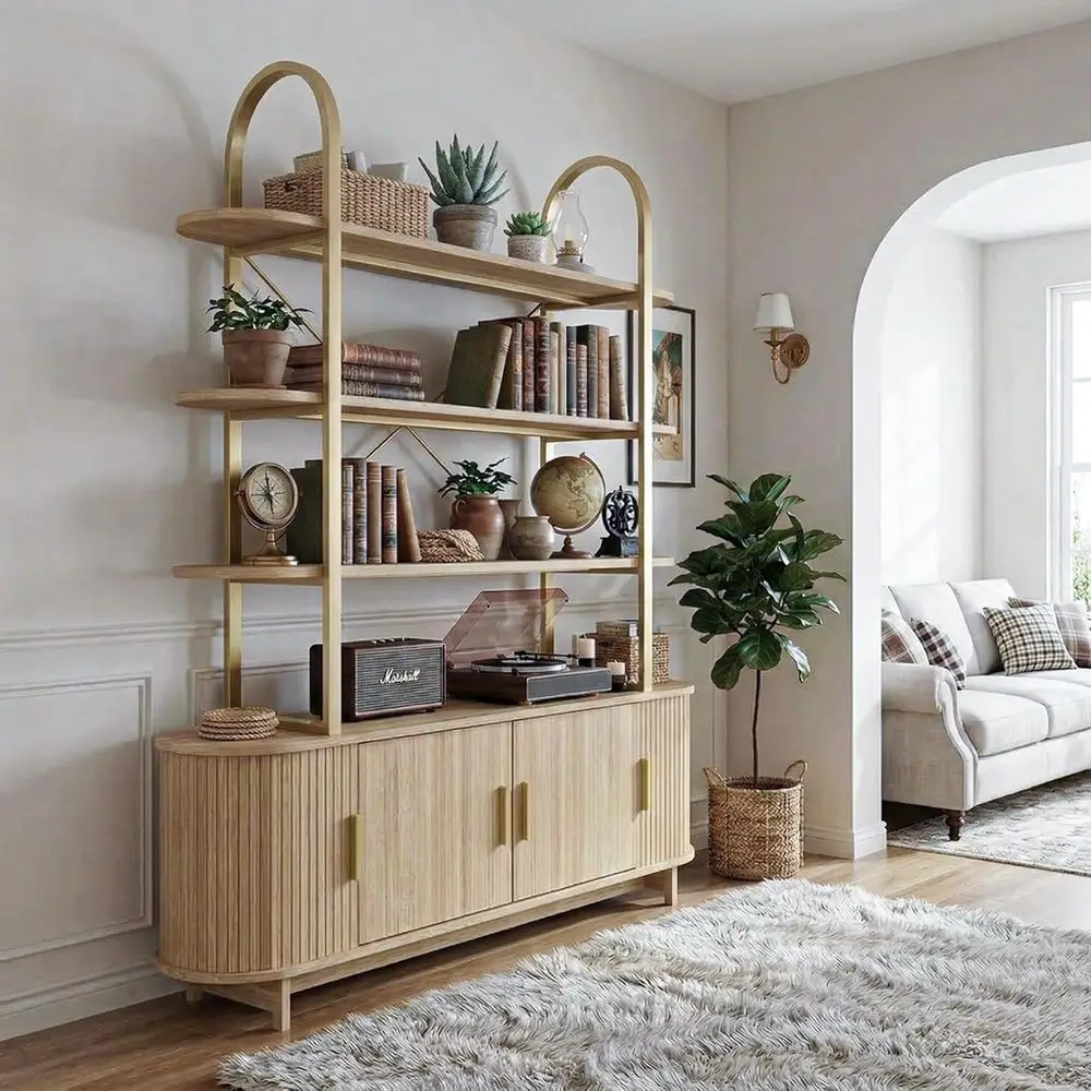 Elegante Mueble Arqueado, Librería con Puertas Corredizas, Estantería Alta de Madera para Almacenamiento, Organizador de Estantes Independiente para Sala de Estar