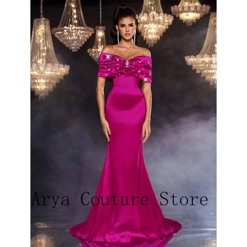 2026 Fuchsia Off Shoulder Satin Mermaid Gown Beaded Bow Detail Trailing Formal Maxi Dress for Gala, Red Carpet & Wedding Events