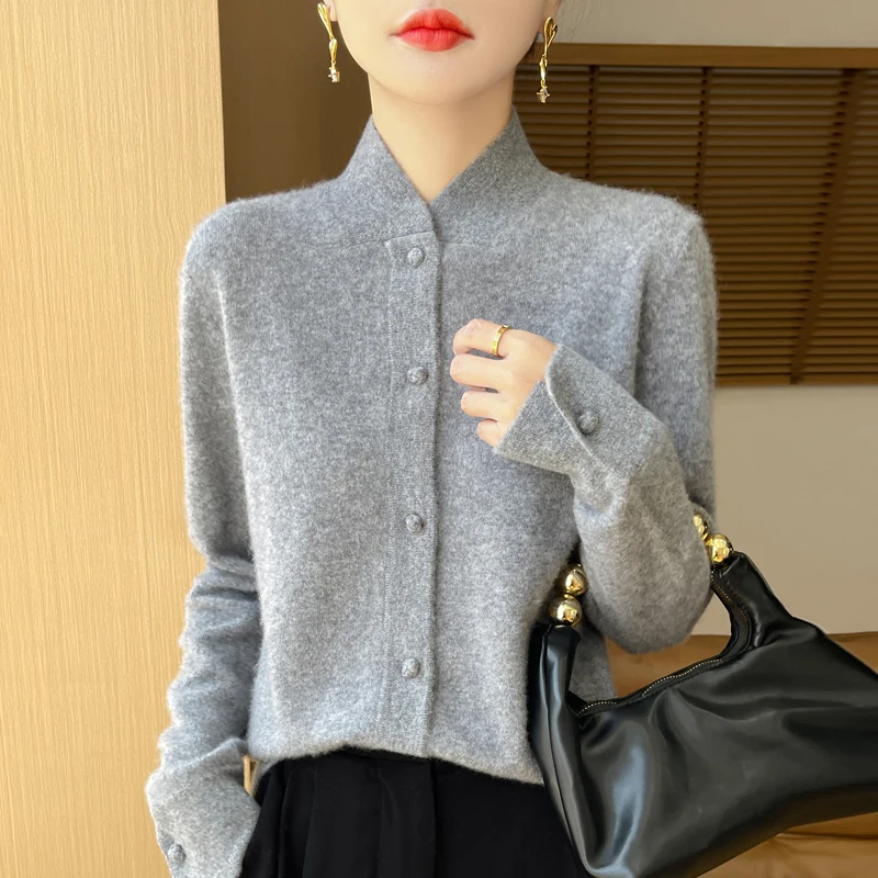 

New Chinese stand collar new 100% Merino wool cardigan Autumn and winter vintage solid color sweater coat loose knit top