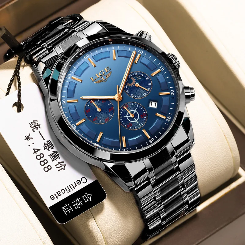 LIGE Luxury Man Wristwatch Military Waterproof Luminous Chronograph Men Watch Stainless Steel Men's Quartz Watches+box Reloj