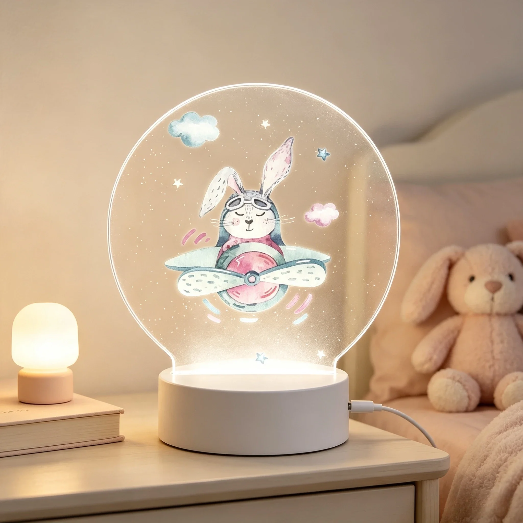 Pilot Rabbit Airplane Acrylic LED Night Light Custom Name Kids Bedroom USB Table Lamp Gift