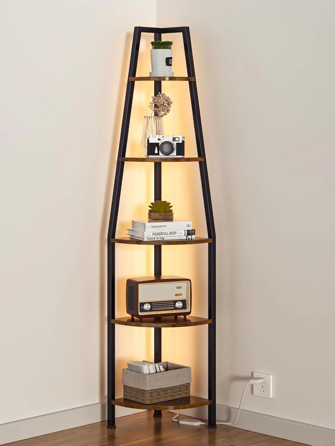 

5 Tier Corner Shelf with LED Light, 67.2” Tall Standing Shelf for Wall Corner, Narrow Bookshelf Ladder Shelf for Bedroom