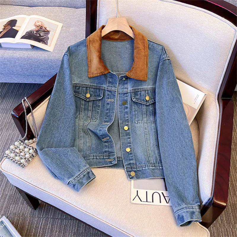

Винтажная контрастная цветная лоскутная синяя короткая джинсовая куртка с лацканами, весенне-осенняя женская корейская джинсовая куртка с длинными рукавами и лацканами, пальто