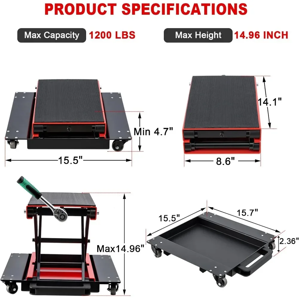 1200 LBS Motorcycle Jack with Dolly, Motorcycle Lift Scissor Jack Upgraded Dirt Bike ATV Steel Motorcycle Hoist Stand