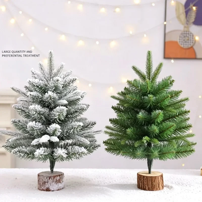 Mini sapin de Noël artificiel de 45 cm ou 60 cm, sapin de Noël floqué avec base en bois pour la décoration de table et de la maison pendant les fêtes.