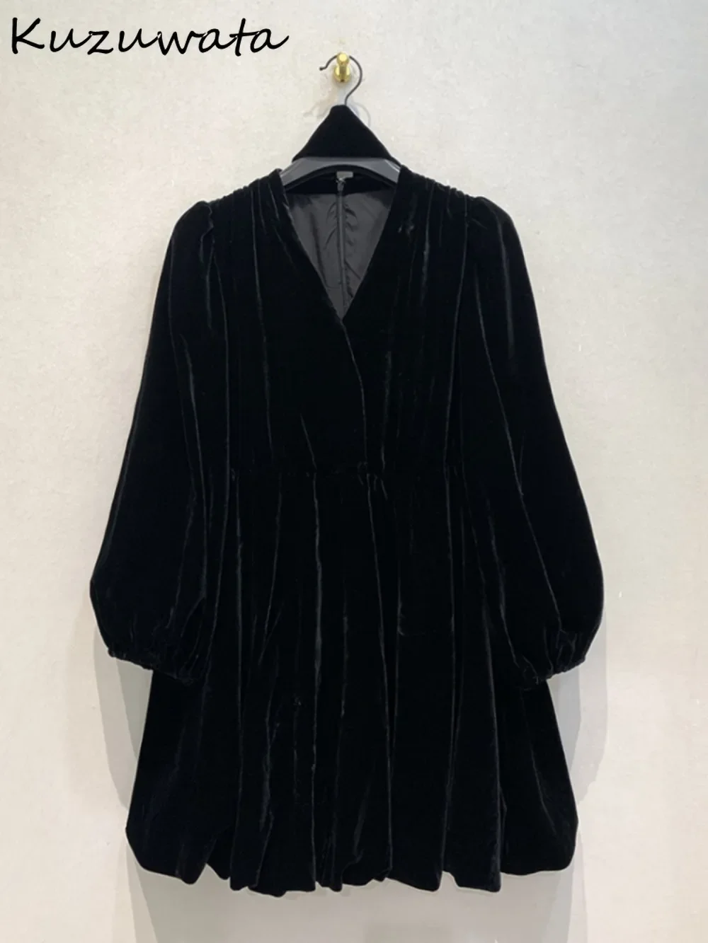 

Kuzuwata New V Neck Flare Sleeve Small Fellow Robe Lazy High Waist Slim Fit Velvet Ruched Dress Japan Moda Casual A-line Vestido