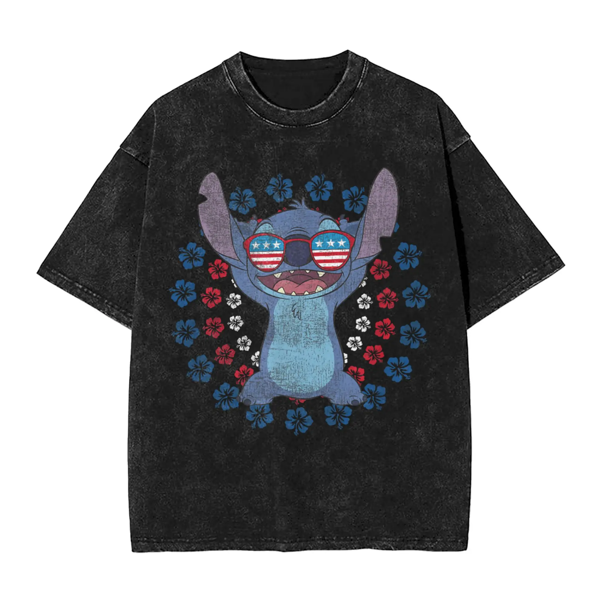 

Humorous Lilo & Stitch 4th Of July Sunglasses T-Shirt for Men Crewneck 100% Cotton Washed T Shirt Short Sleeve Tee Shirt Gift