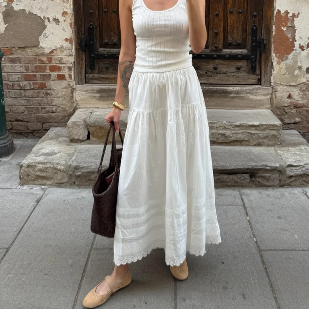 

Talenza White Lace Maxi Skirt Women's Fashion Solid High Waist Lace Patchwork Casual Skirt Elegant Summer Commuting Female Skirt