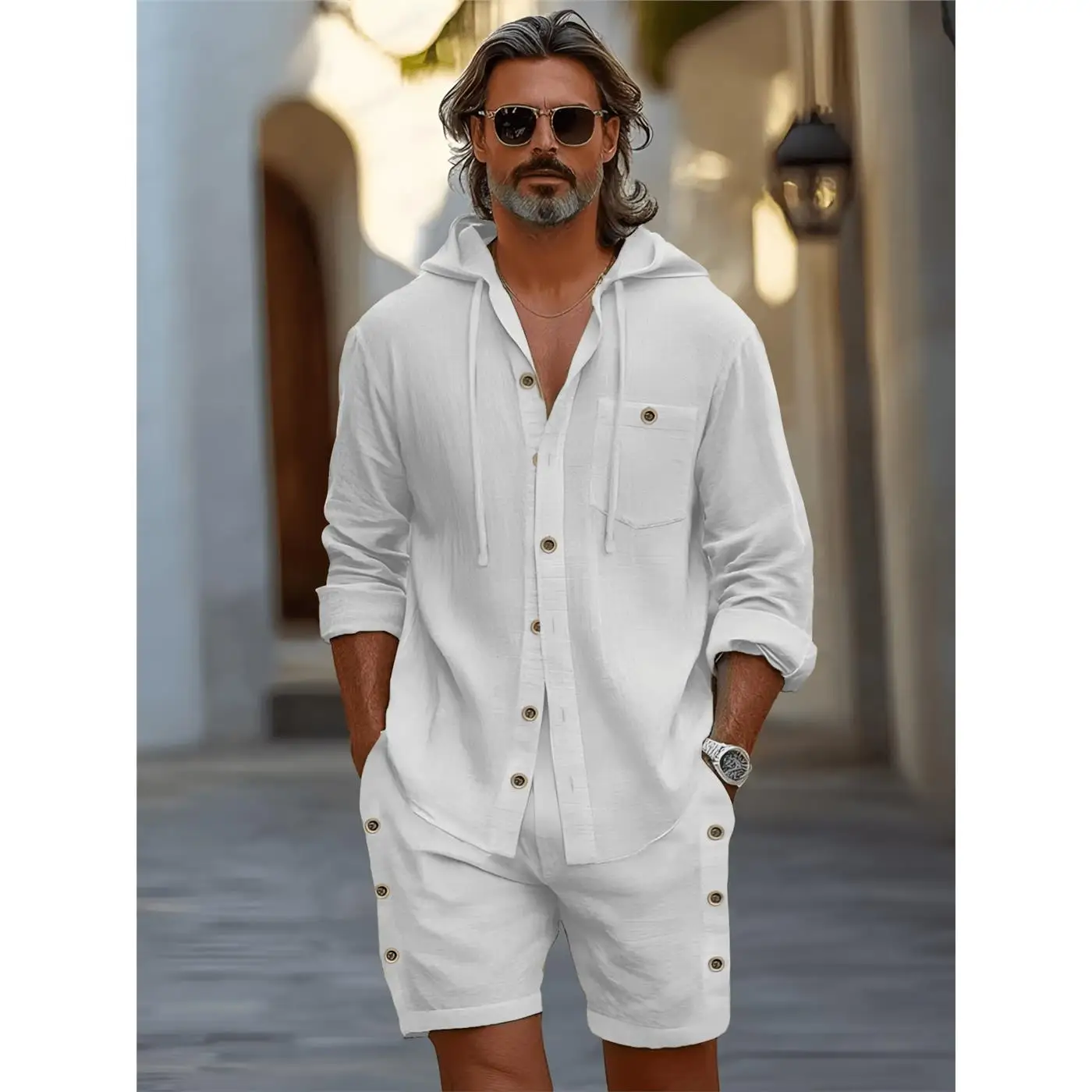 Men's Season Long Sved Hooded Shirtshorts TwoPiece Set Standard Fit Bright Thread Flocking Cotton Citywalk Casual Style Long ...