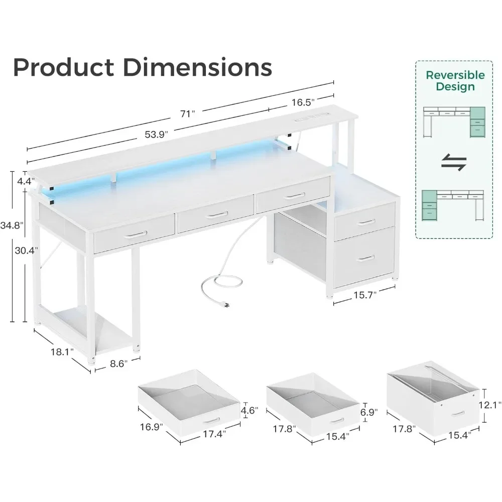 مكتب كمبيوتر مقاس 71 بوصة مع درج ملفات، مكتب مكتب قابل للعكس مع 4 أدراج ومخرج طاقة، شريط LED، مكتب مكتب منزلي مع