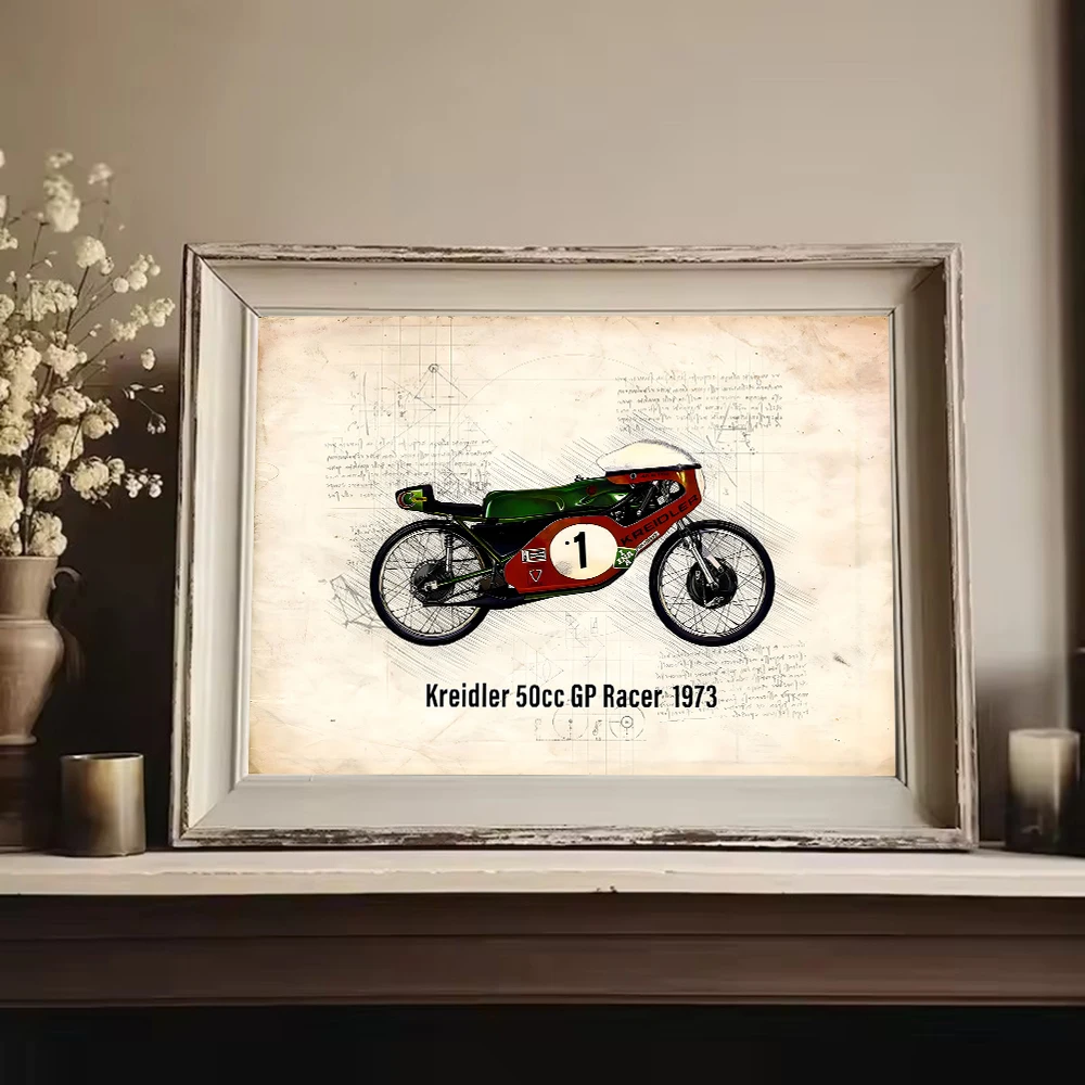 Retro Old Motorbike Paper Poster Engineering Drawing Antique Racing Bike Wall Art Decor for Workshop Studio Home Room