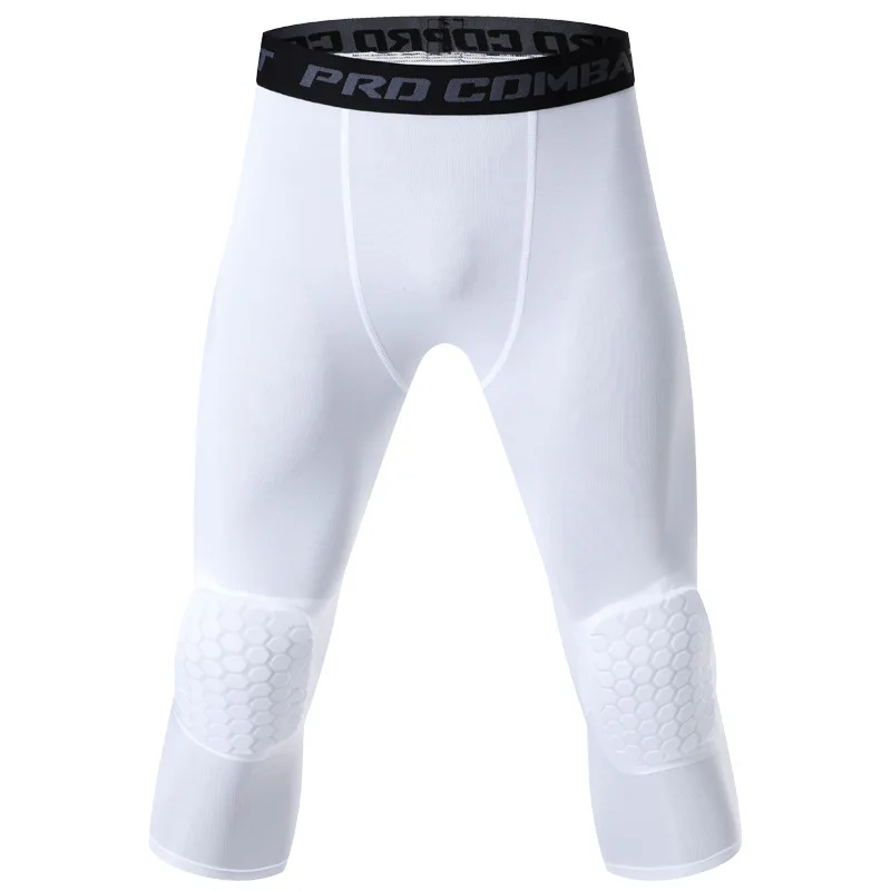 Collants de sport anti-collision pour hommes, genouillère, pantalon de compression, séchage rapide, haute élasticité, leggings d'entraînement de fitness, 3/4