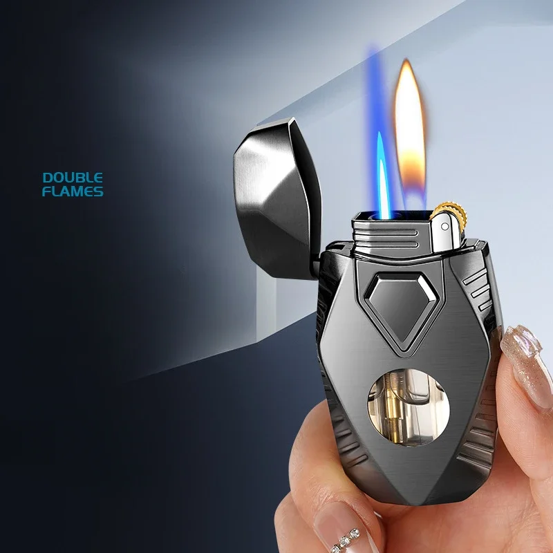 Mecha-Inspired Dual Flame Gas Lighter, Premium Metal Body with Grinding Wheel Ignition, Direct Injection + Open Flame, Stylish