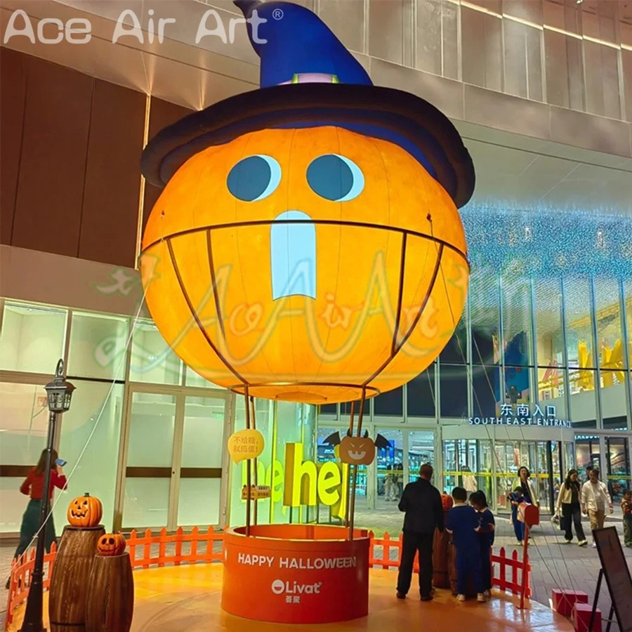 

Cute Inflatable Pumpkin with Wizard Hat Outdoor High Quality Halloween Inflatable Decor Spooky Season Mall/Yard lighting Decor