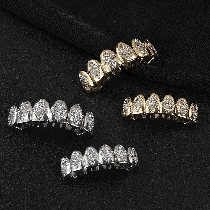 HipHop Silver/gold Color Rhombic Inlaid with Zircon Teeth Set Rap Performance Party Body Decorations Teeth Cool CZ Teeth
