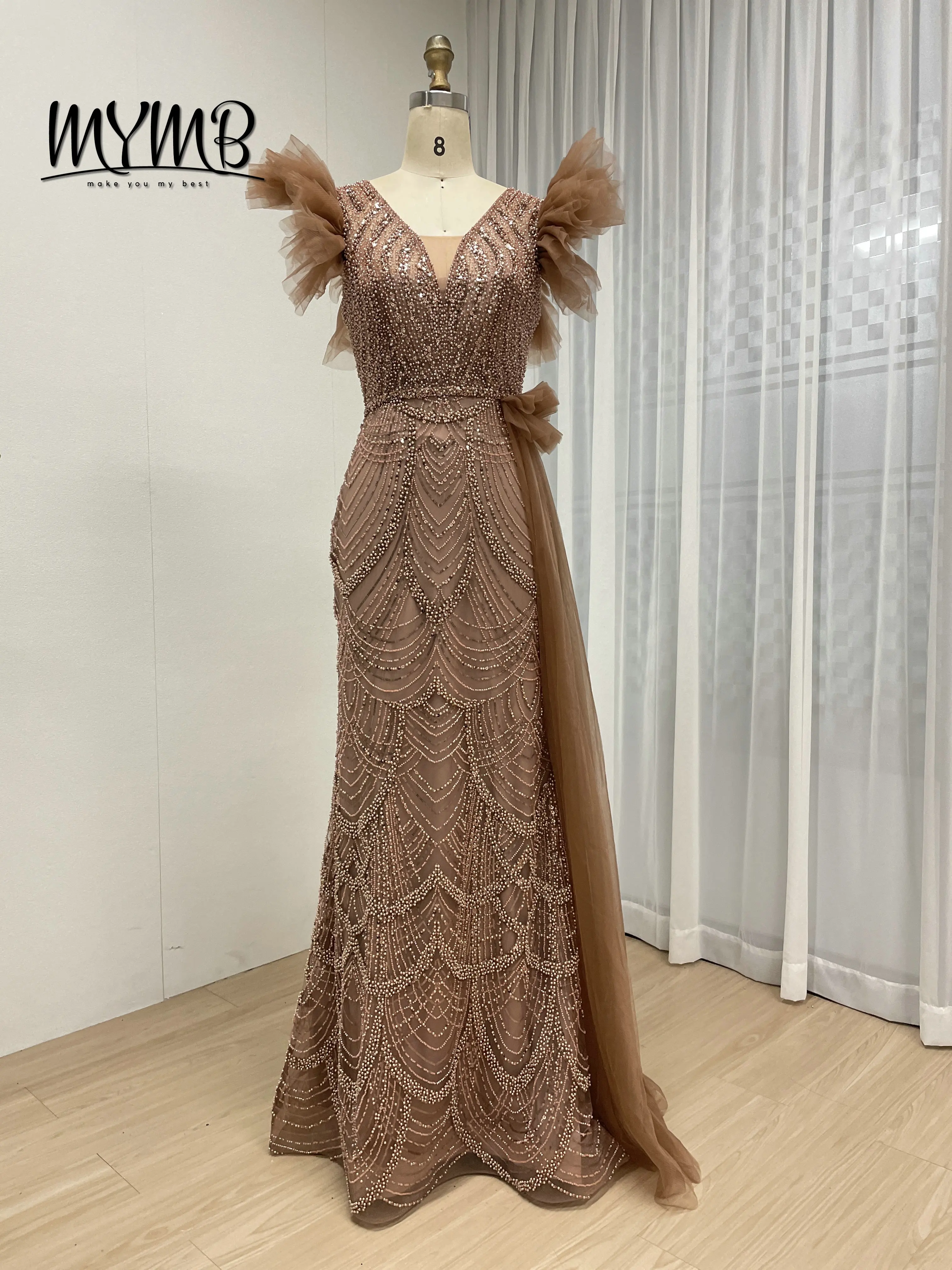 

MYMB Sparkling Brown Evening Gowns With V Neck And Puff Tulle Sleeves Elegant Beaded Long Dress For Prom Or Gala Events MY30208