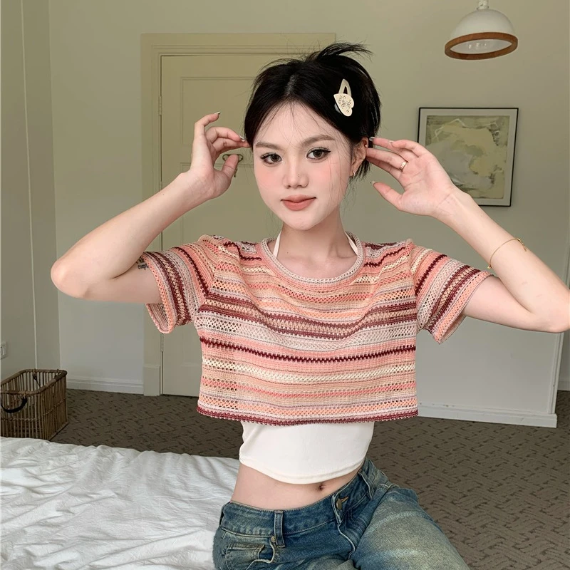 Women T Shirt Loose Versatile Hollow Short-sleeved Smock + Solid Lace-up Camis Students Sweet Outfit Crop Tops Female