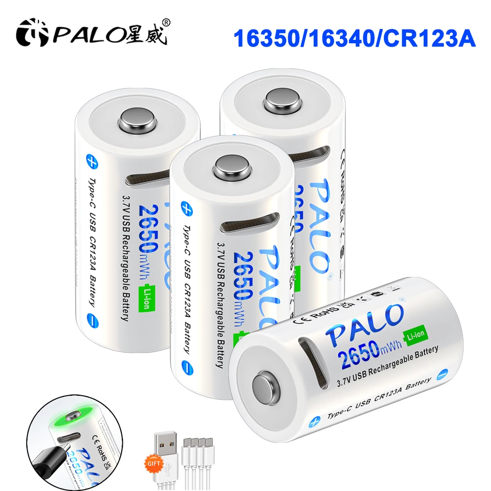 4/8 Stück CR123A-Batterien, 2650 mWh, 16340, 3,7 V, Li-Ionen-Akku, CR123 16350-Batterie für Laserpointer, LED-Taschenlampe + Typ-C-Kabel, schnelles Aufladen