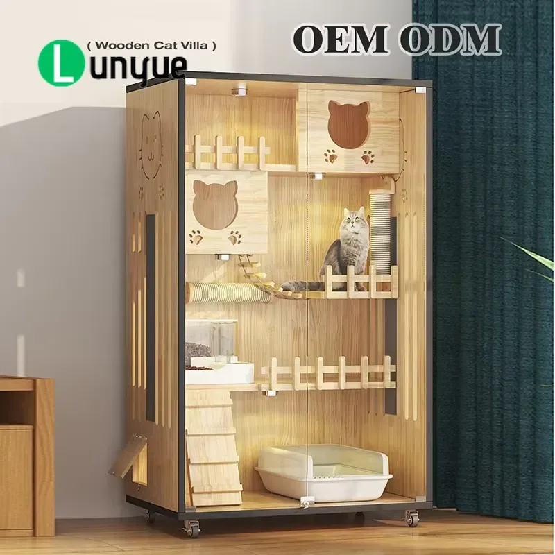 Custom Wooden Pet House Cat Villa with Climbing Frame Indoor Four Season Universal Breathable Waterproof New Household