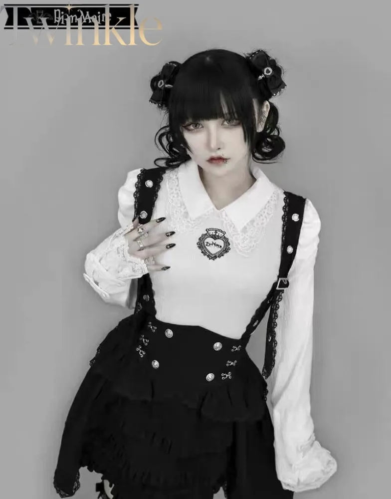 Harajuku Shirt Long Sleeve for Women Dark Punk Lolita Embroidered Mesh Patchwork Base Shirt Female Top