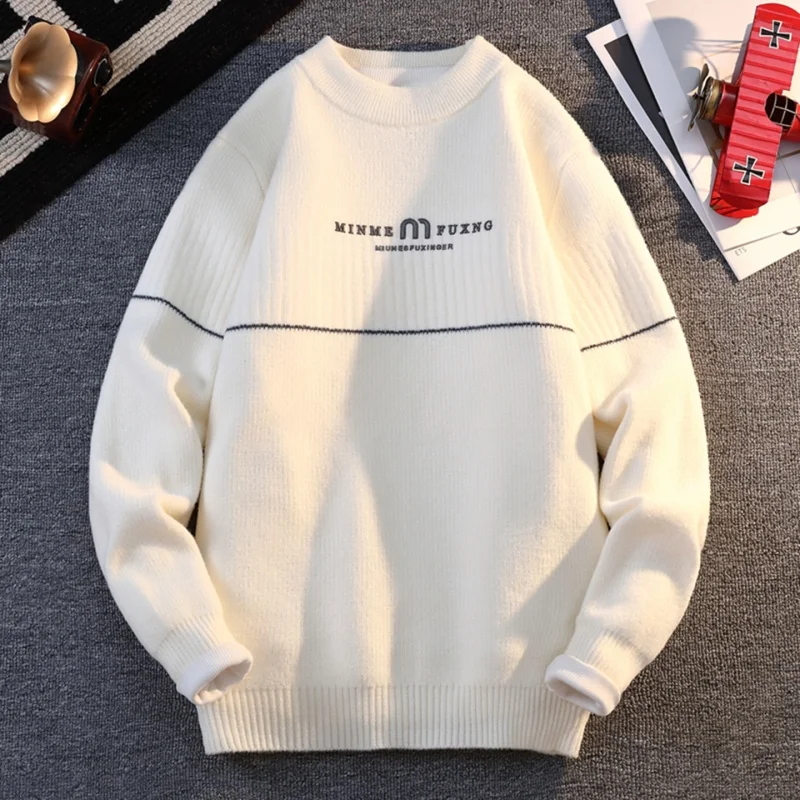 High End Men's Long Sleeved Knit Sweater Autumn New Solid Color Round Neck Print Pullover Fashion Business Casual Men's Clothing