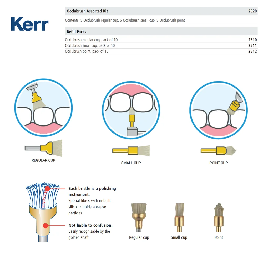 

‌Kerr Occlubrush Polishing Brushes | Customizable Dental Tools – Regular/Small Cup, Pointed Tips or Multi-Shape Assorted Kit