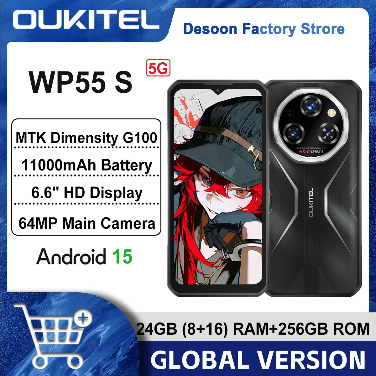 Oukitel WP55S 15.3mm Rugged Smartphone 24(8+16)GB+256GB 33W Fast Charge Android15 Mobile Phone 11000mAh 6.6" FHD+ 64MP Camera