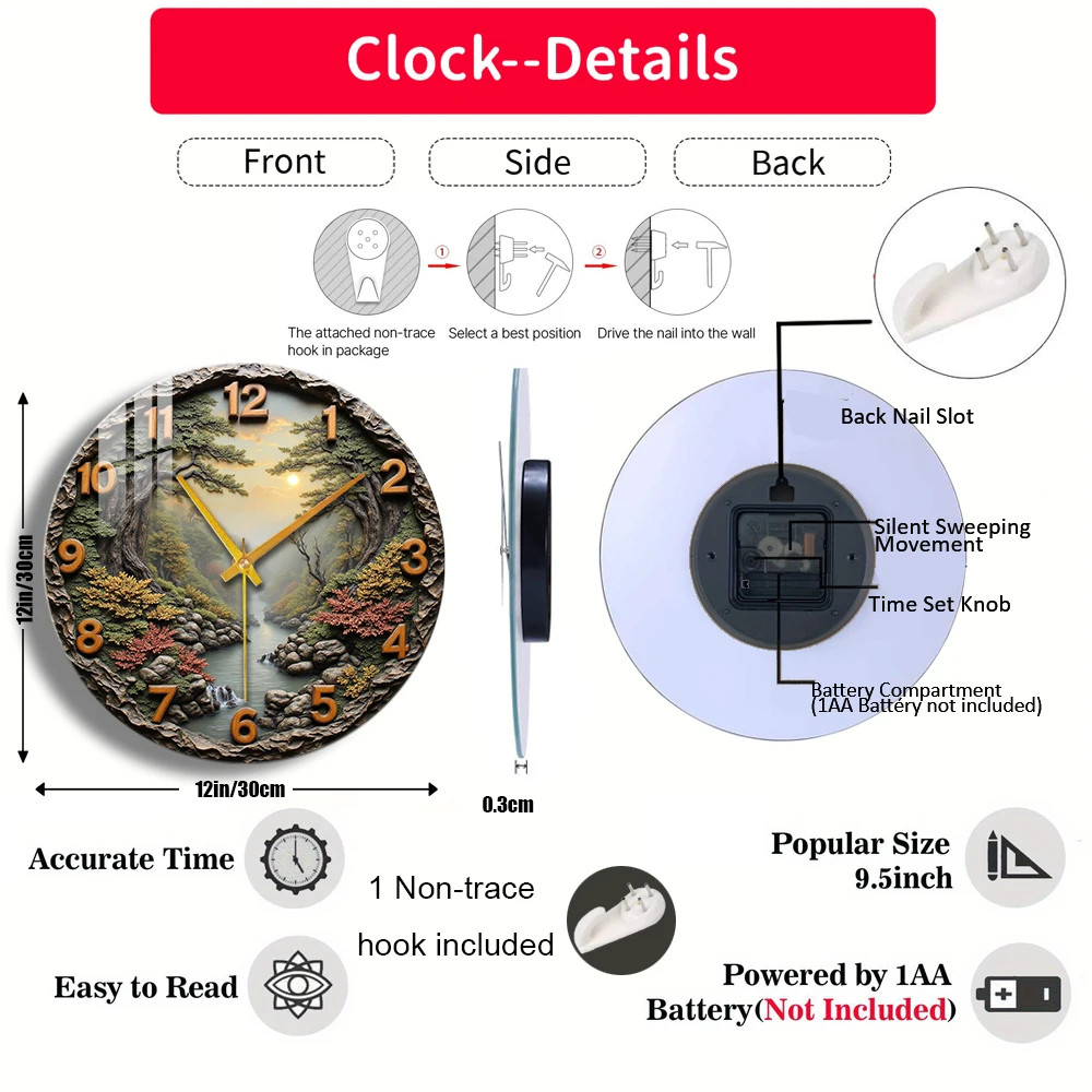 Tempered Glass Wall Clock Mountain River Scenery Clock Suitable For Wall Decor or Tabletop Display Anywhere