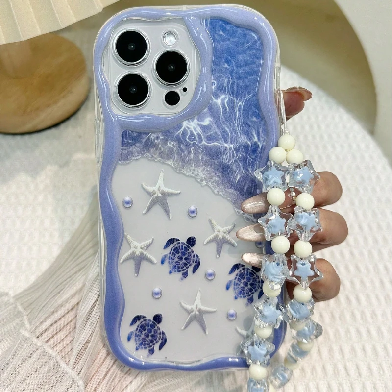 Funda de verano con tortuga y elementos marinos, borde ondulado para iPhone 17 16 15 14 13 12 11 Pro Max Plus 17E, clara con cuerda de cuentas, cubierta suave