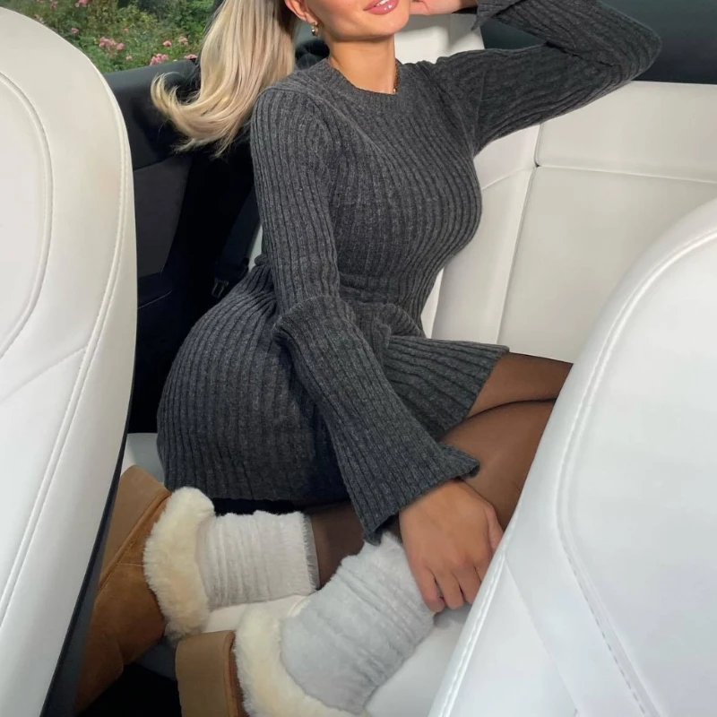 Femmes tricoté mince a-ligne moulante blanc robe mince col rond à manches longues robe solide décontracté Midi robe pull côtelé automne hiver