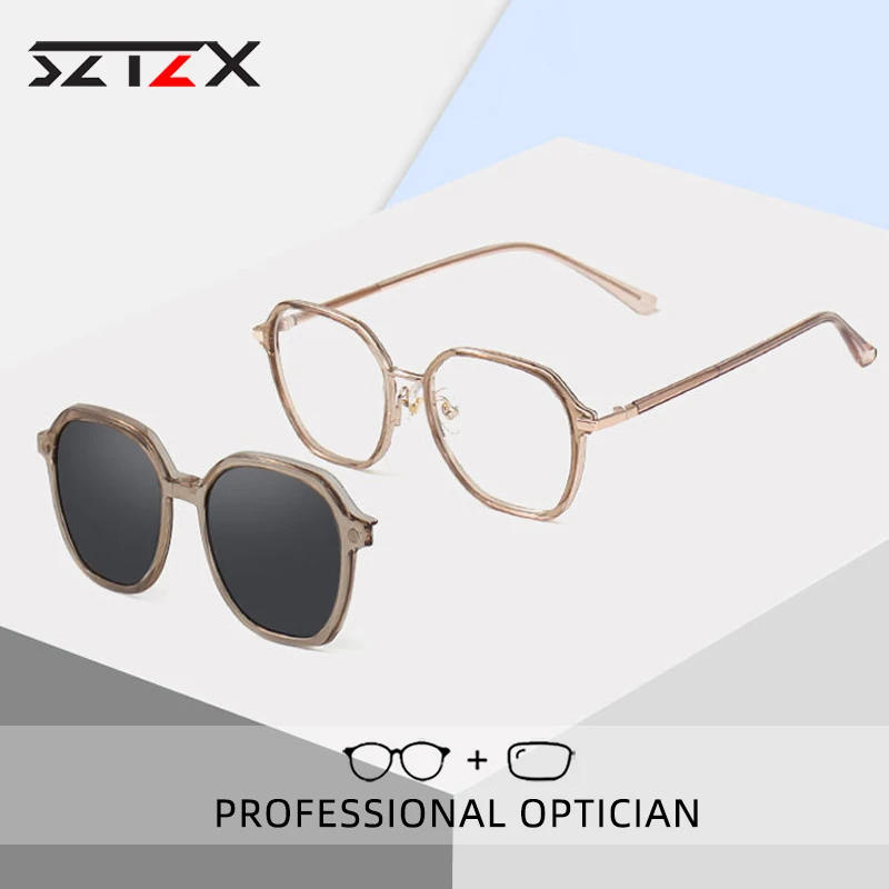 SZTZX Men Magnet Clip On Anti-Blue Ray Reading Glasses Women Optical Myopia Prescription Glasses with UV400 Polarized Sunglasses