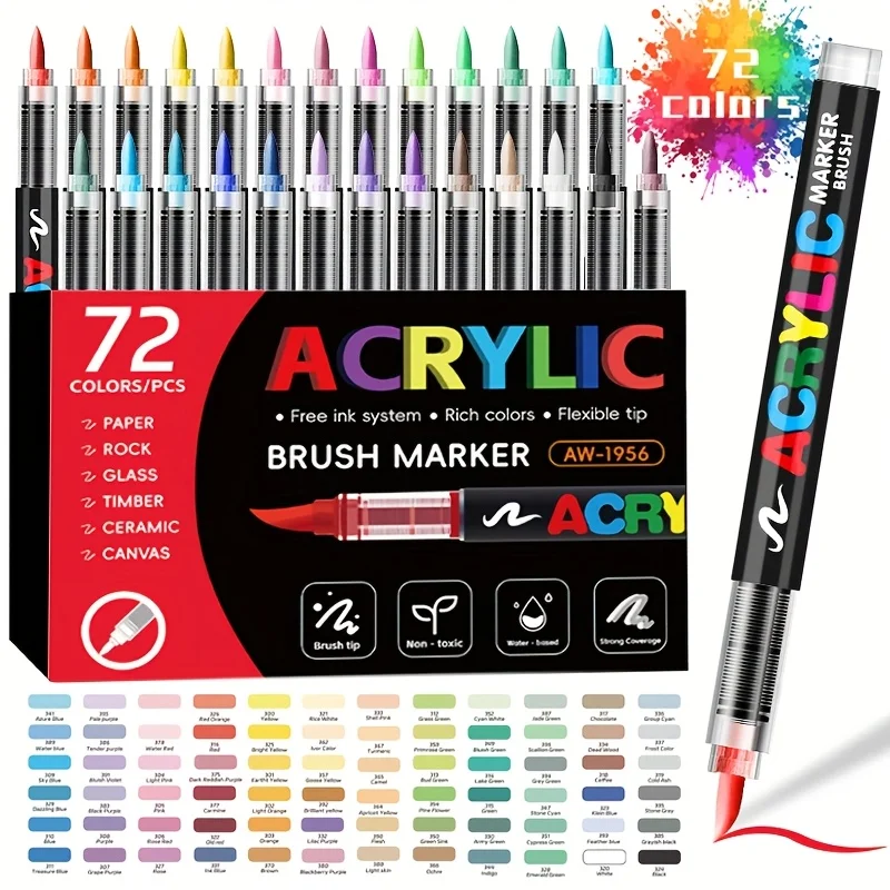 24/48/72-Color Acrylic Marker Pen with A Brush Head Designed for Artistic creation and DIY Hand Painting on Surfaces Such as Rock, Metal, Glass, Wood, Canvas, Ceramic, and Plastic. Ideal as A Gift for Back-to-School Season, Halloween, Christmas, or Birth