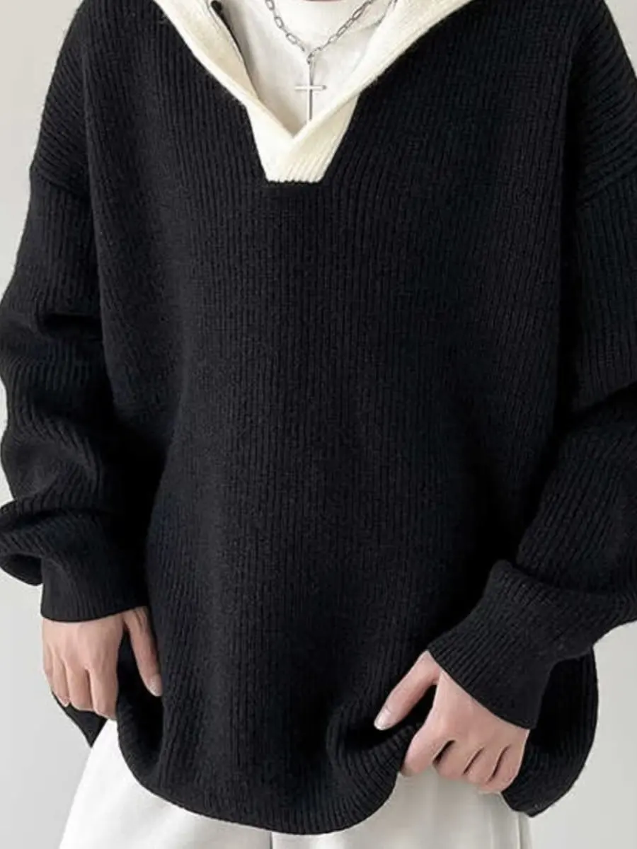 

Корейский утепленный вязаный свитер-худи с V-образным вырезом и цветными блоками для мужчин, осенне-зимний, повседневный, модный, для молодежи