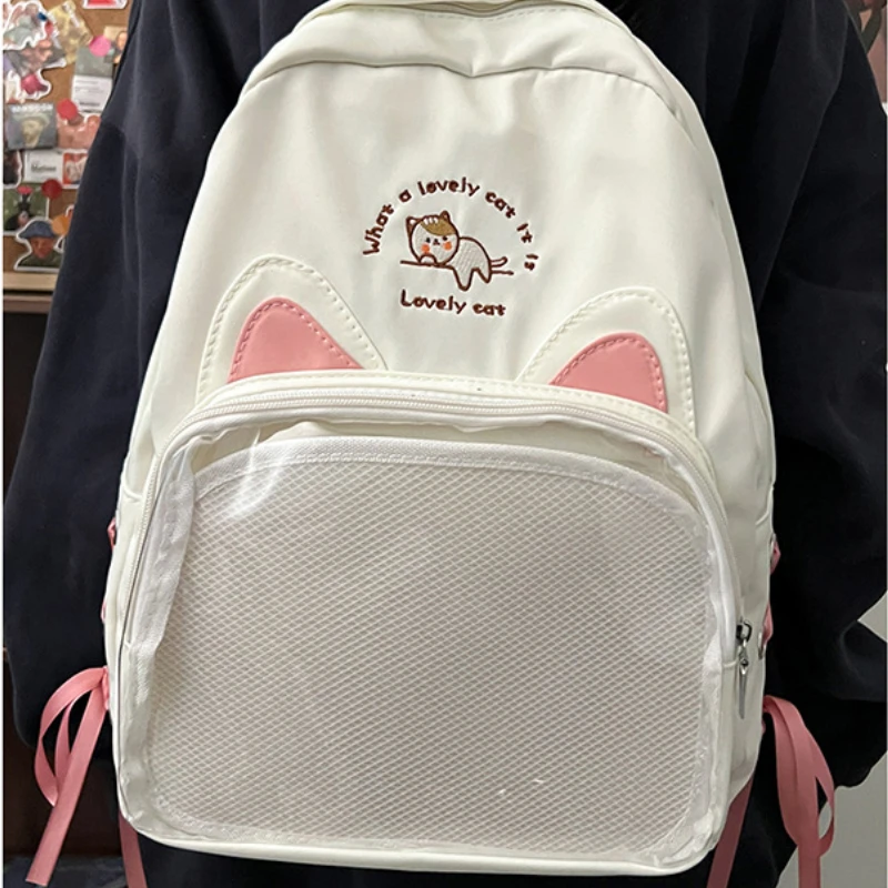 Sweet Y2k Aesthetic Chic Girls Backpacks High-capacity Kawaii Transparent Women Ita Bags Students Casual Cartoon Cat Schoolbags