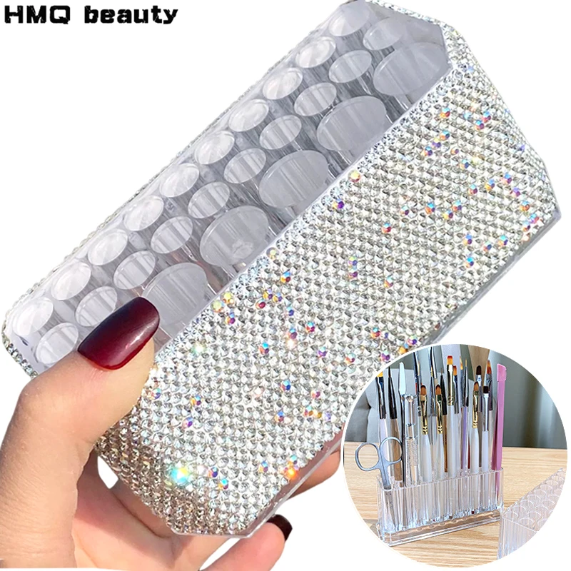 Acrylic Makeup Brushes Holder  26 Holes Rhinestone Diamond Cosmetics Storage Box Eyebrow Pencil Sorting Large Capacity Organizer