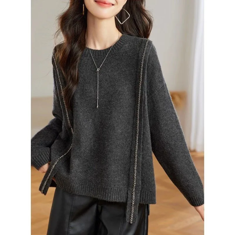 

Женская одежда, новый осенний стильный свитер с круглым вырезом, свободный крой, пуловеры для живота, повседневные джемперы со сращиванием