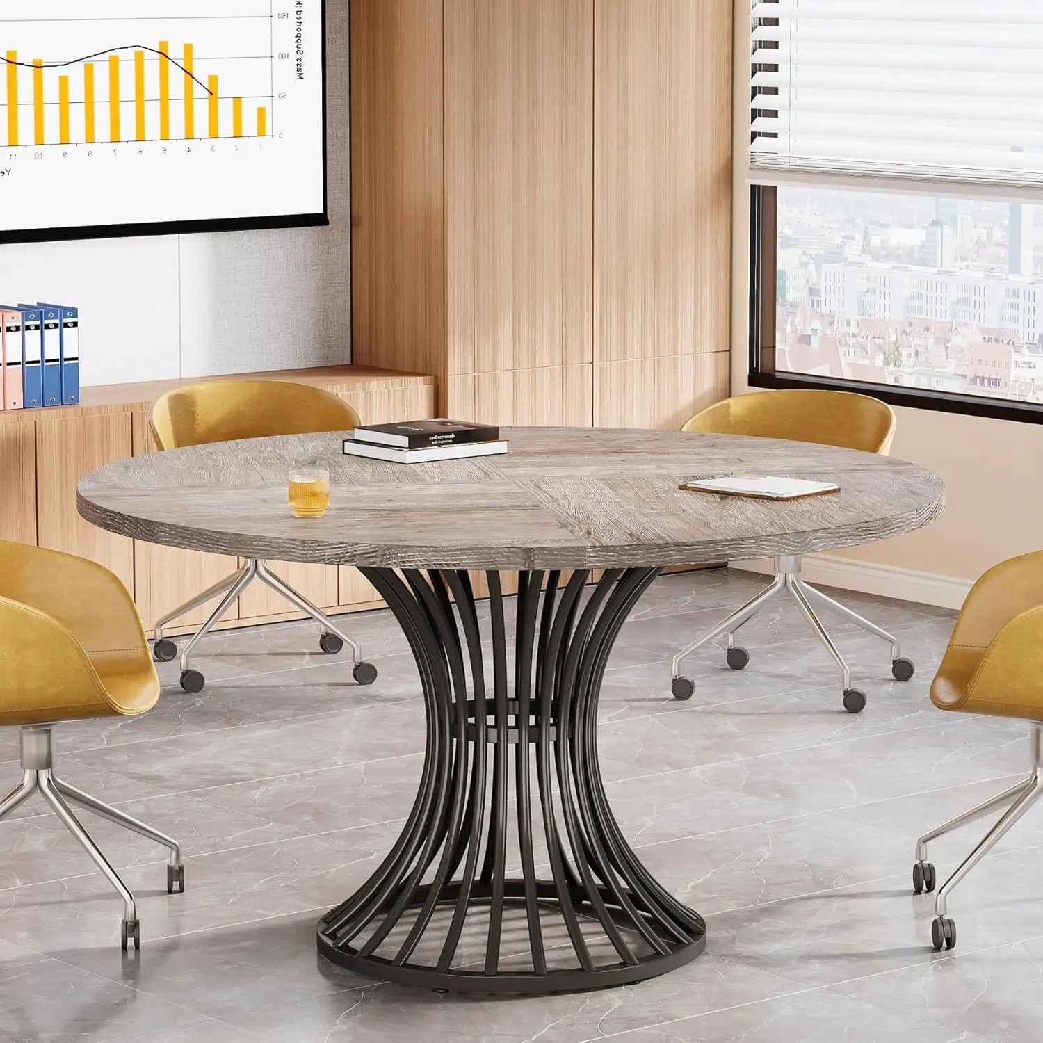 Tribesigns Round Conference Table For 4-6, 47-Inch Conference Room Table With Thickened Tabletop And Metal Base, Industrial