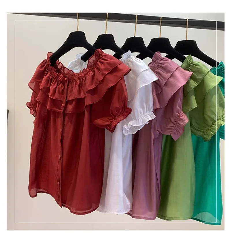 

Sweet Peter Pan Collar Spliced Loose Ruffles Shirt Female Clothing New Casual Tops Solid Color Office Lady Blouse 2024 Summer