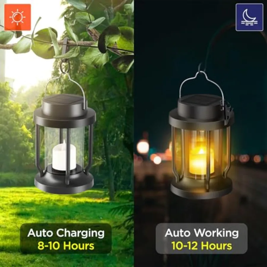 Solar Lantern Outdoor and Indoor Use Hanging Solar Lights with Realistic Flickering Flameless Candle, Weatherproof for Gardens,