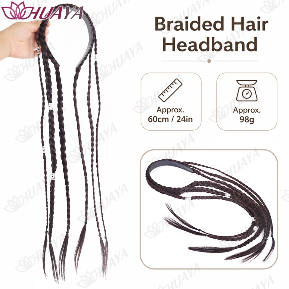 Synthetic Braided Headband Hair Accessory Long 60cm Hair Hoop with Silver Cuffs Clip Style Braid Hair Extension for Women Fashio