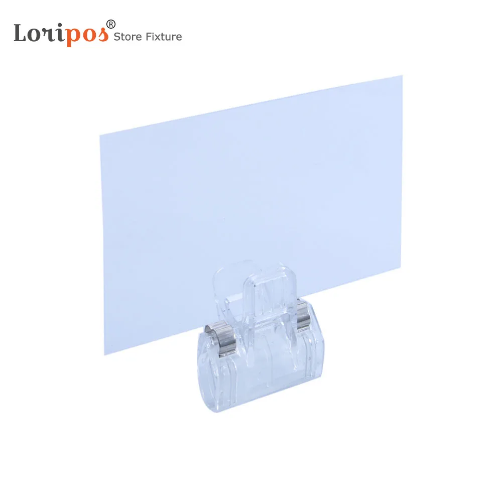 

Shelf Edge Clip On POP Sign Holding Clamp With Card Protector For Hangrails Or Tubes | Loripos