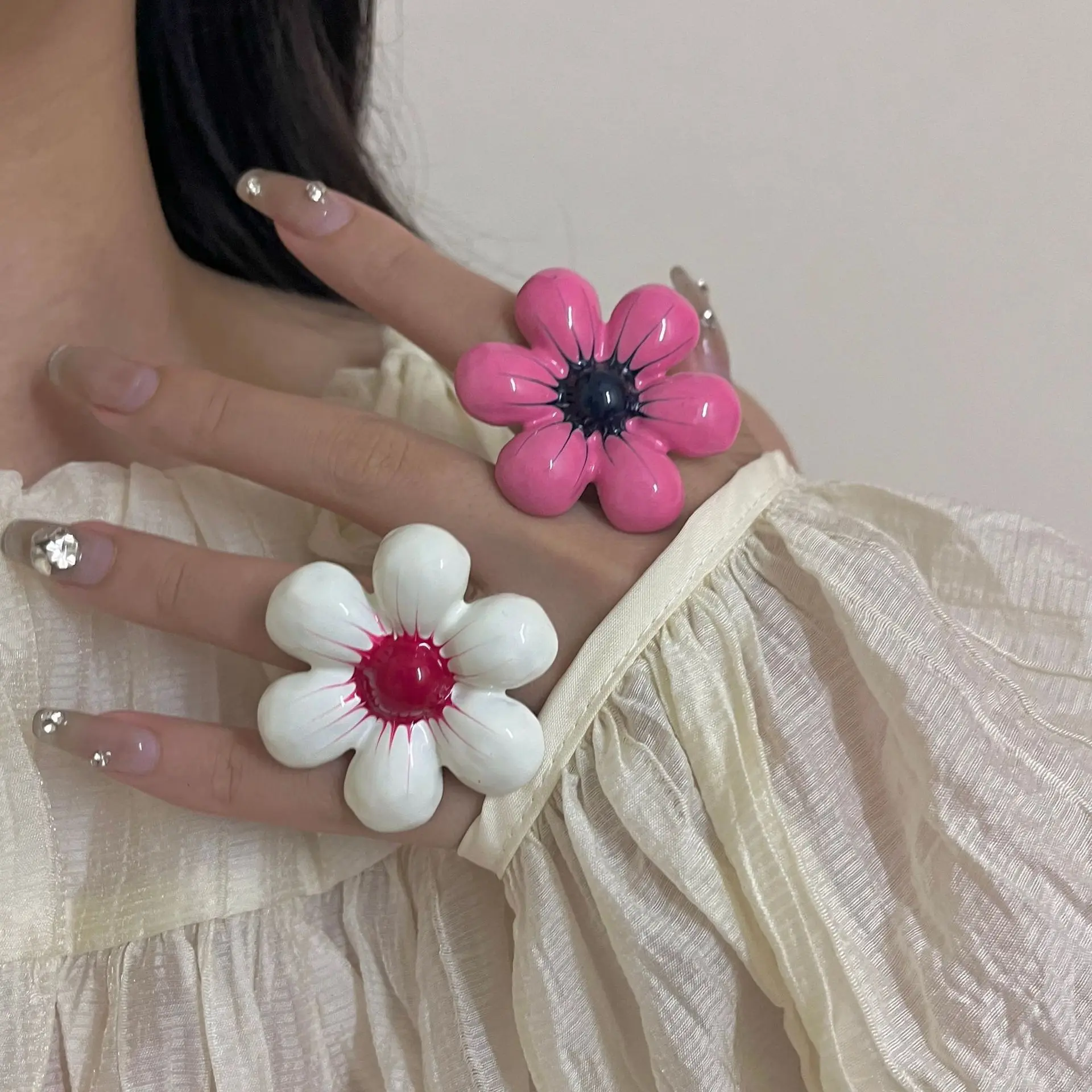 Vintage Colorful Enamel Drop Glaze Flower Open Rings for Women Fashion Sweet Finger Romantic Jewelry Holiday Accessories Gifts