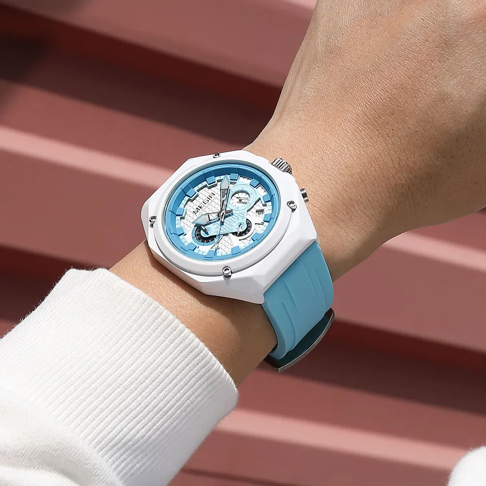 MEGIR ساعات كوارتز رياضية جديدة للجنسين مع حزام سيليكون وأيدي مضيئة مقاومة للماء متعددة الوظائف للرجال والنساء