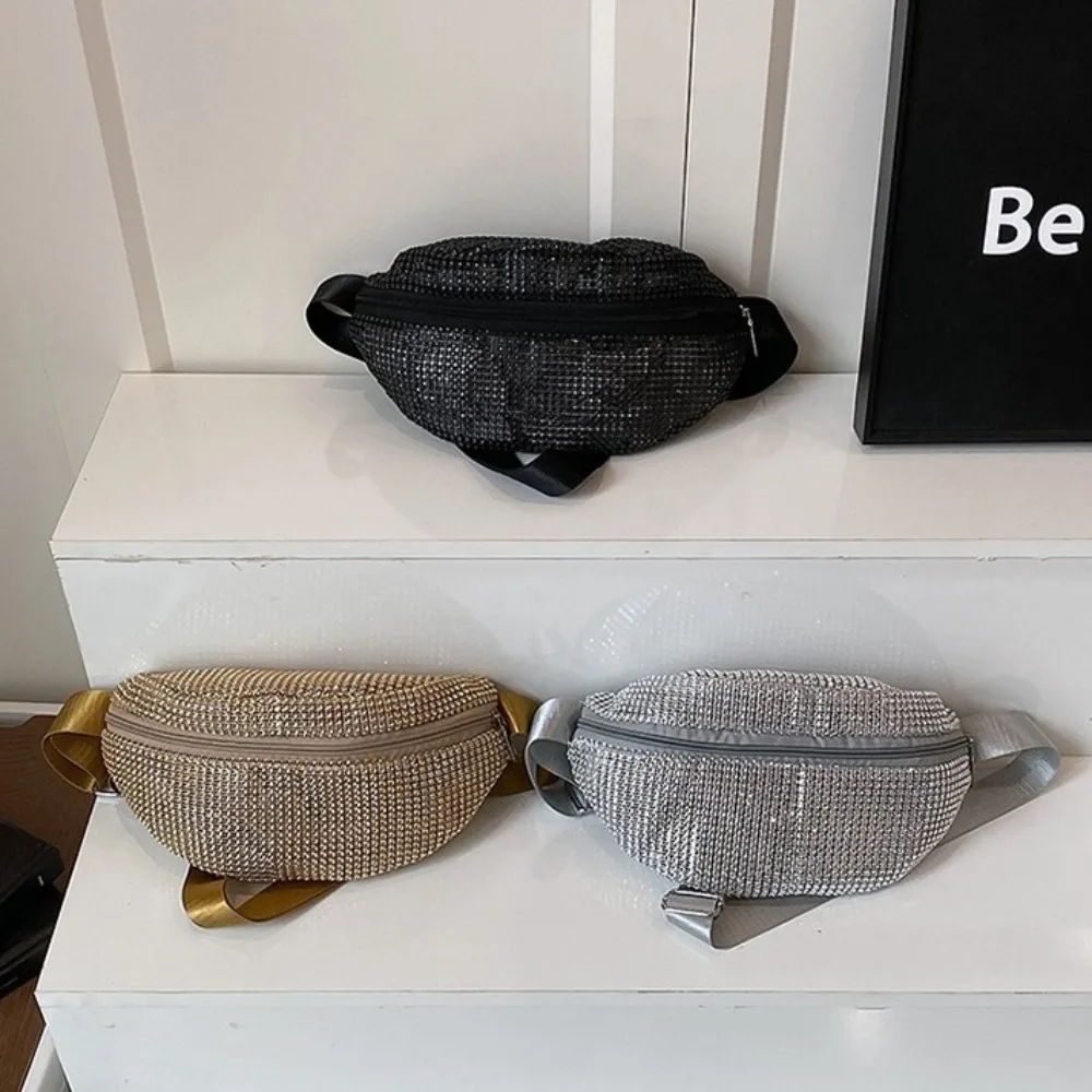 

Lightweight Rhinestone Waist Packs Versatile Korean Style Chest Bag Wide Shoulder Strap Phone Pack Zipper Crossbody Bag Girls