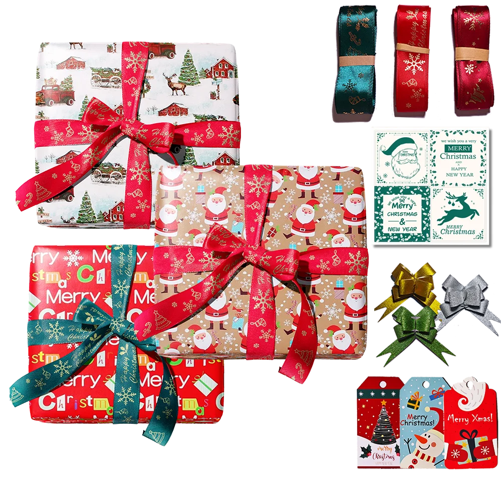 

3pcs Christmas Wrapping Paper Kids Gift Elk Snowmen Classic Red Festival Packing Paper for Business 50*70cm with Ribbon Set