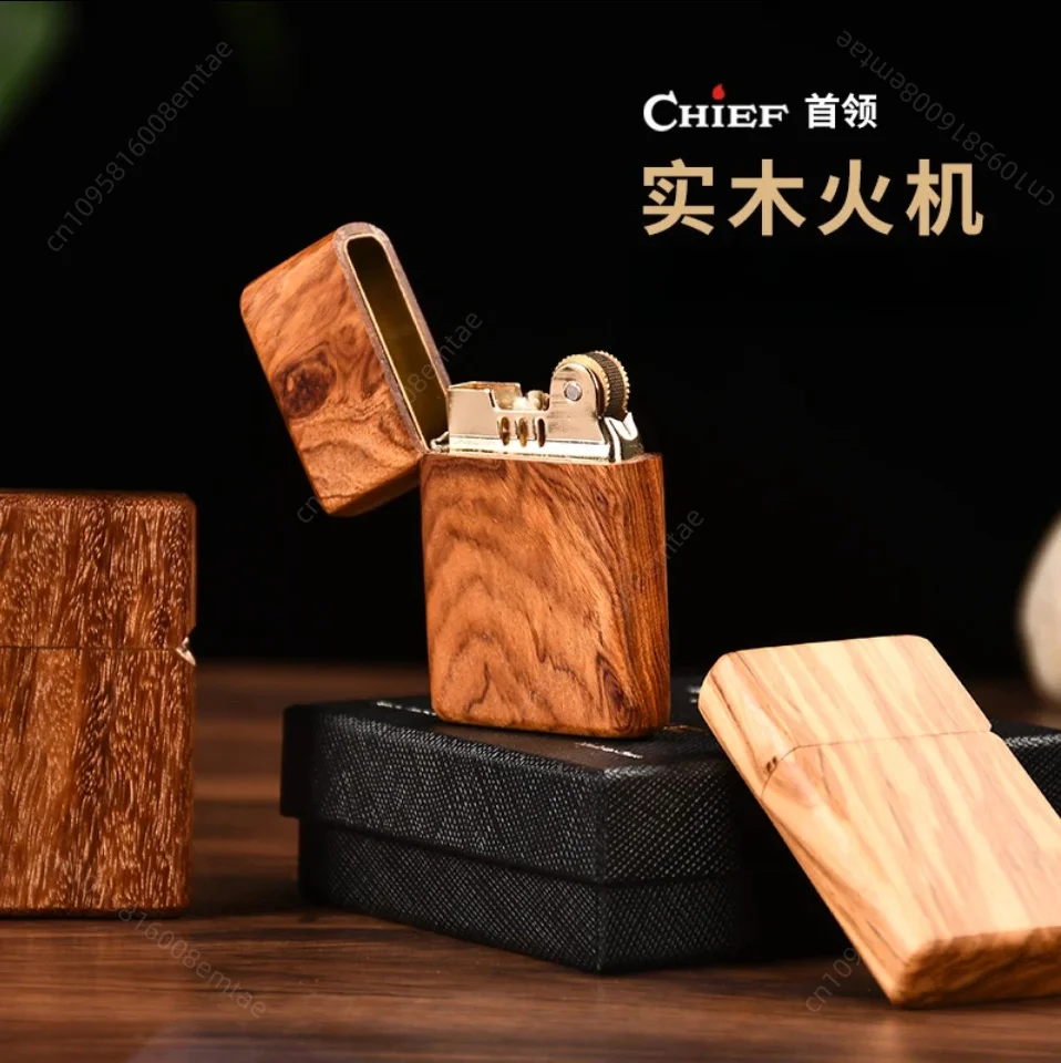 CHIEF solid wood classic flip ultra-thin fuel lighter, high-end wood lighter, cigarette accessories, men's gift