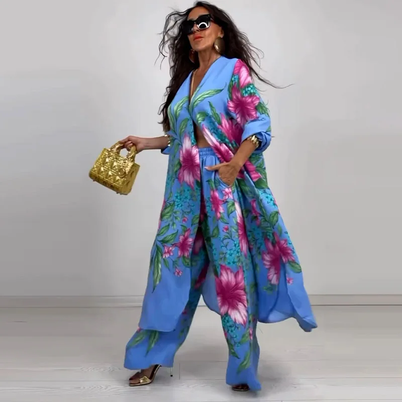 Set di pantaloni a due pezzi casual a gamba larga con tasca a maniche lunghe con stampa tropicale bianca casual da lavoro per donna Set da 2 pezzi vintage autunnale