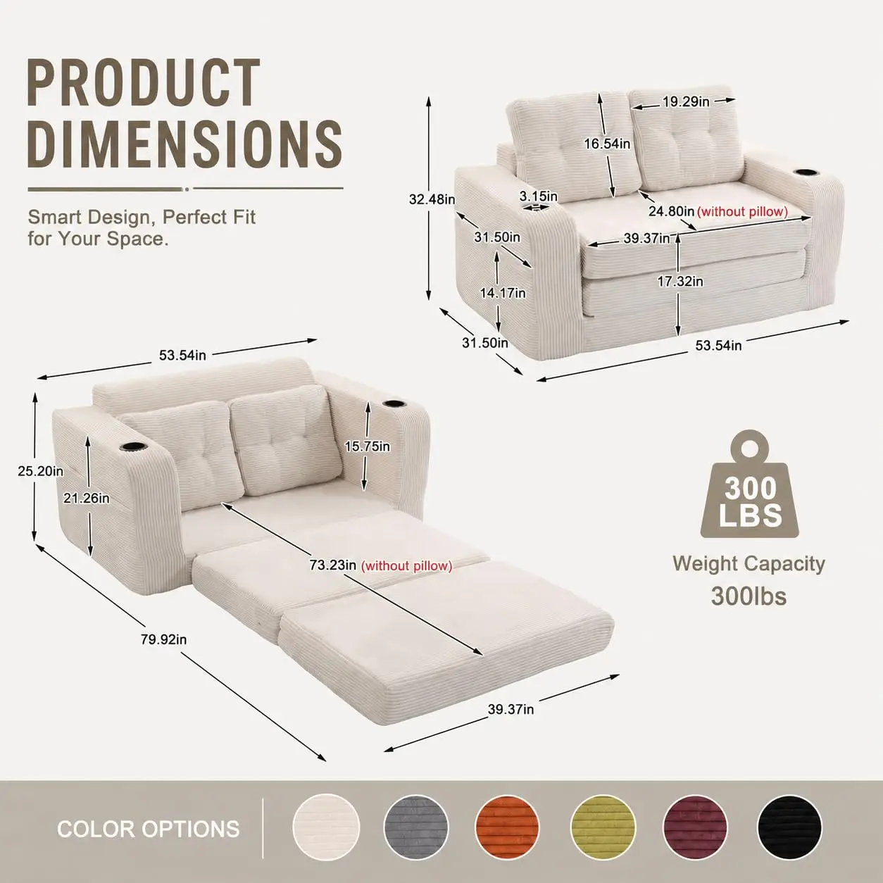 Loveseat Bed Pull-Out Sleeper with Pillows Cup Holders & Side Pockets Corduroy Floor Sofa for Small Spaces, Customized