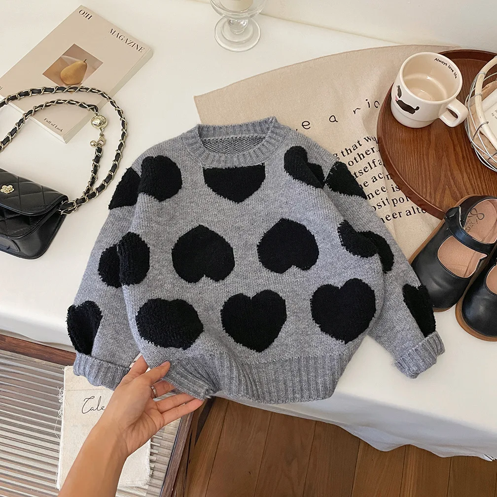 2PCS Girls' Gray Sweater Set 2026 New Winter Thickened Knitwear for Little Girls Fashion Warm Children's Flare Pants Long Sleeve 3