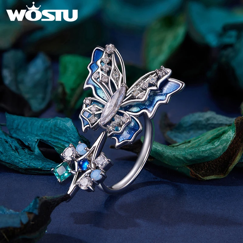 WOSTU Huge Blue Butterfly Ring For women Ice and Snow Butterflies Opening Adjustable Rings Wedding Engagement Jewelry Gift YIR24